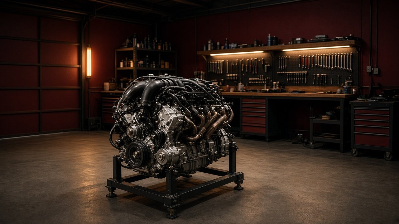 Engine on a stand in the workshop
